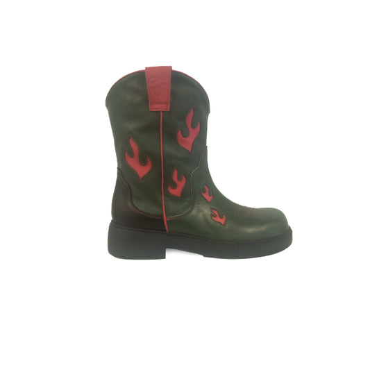 Farmerette Fire and Brimstone Cowgirl Boots (Olive Green with Fushia flames)