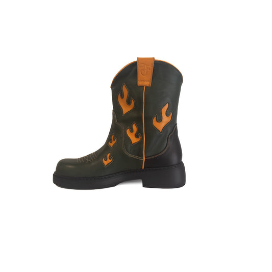 Green boot with orange flame patterns on a white background