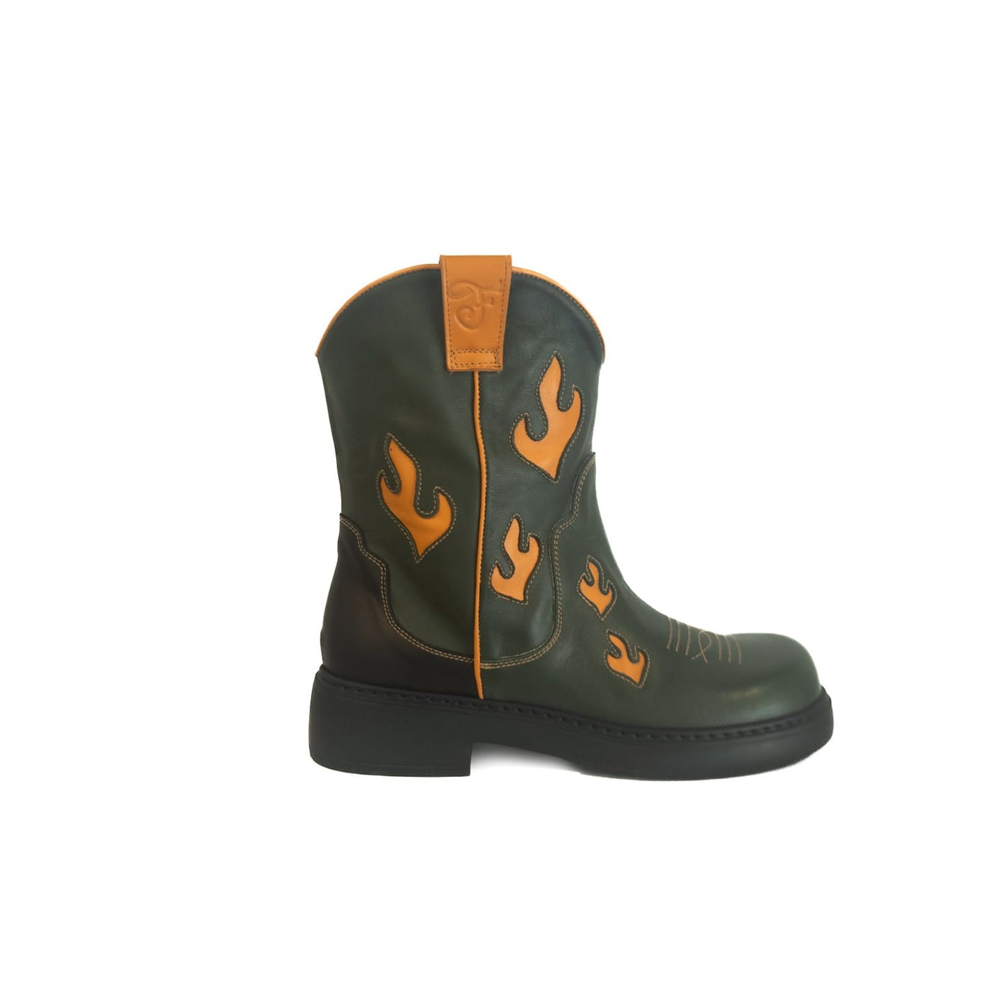 Green cowboy boot with orange designs on a white background