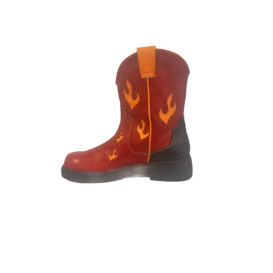 Red cowboy boot with orange flames on a white background