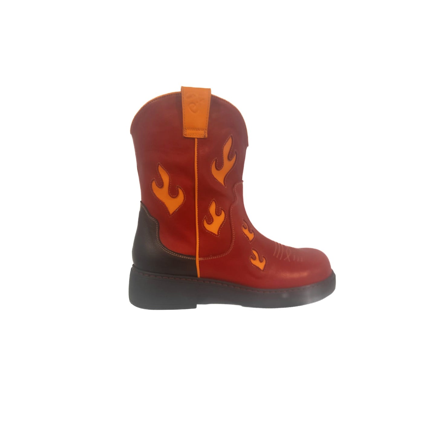 Red Cowgirl boot with flame design on a white background