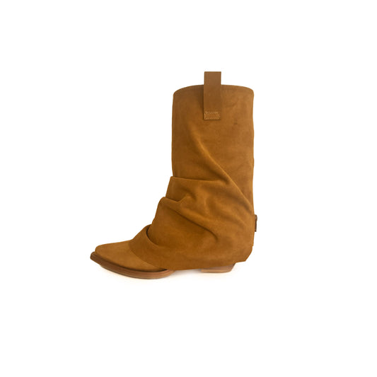 Farmerette Suede Flare Cowgirl Boots (Caramel)