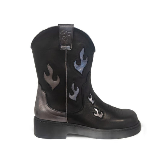 Fire and Brimstone Cowgirl Boots (Black with Argento flames)