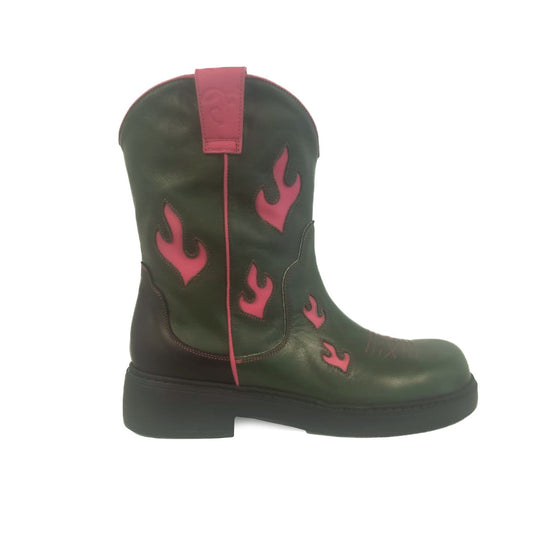 Farmerette Fire and Brimstone Cowgirl Boots (Olive Green with Fushia flames)