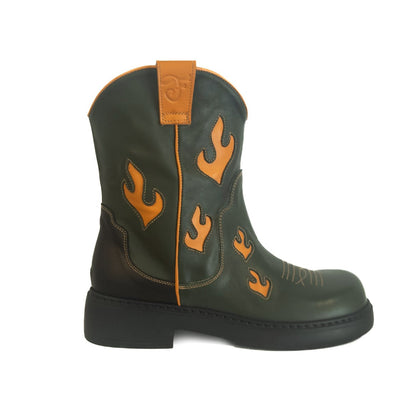 Farmerette Fire and Brimstone Cowgirl Boots (Olive Green with Orange flames)