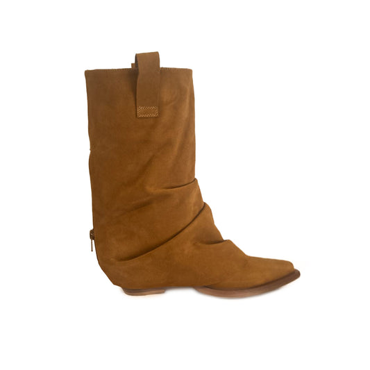 Farmerette Suede Flare Cowgirl Boots (Caramel)